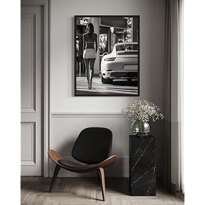 Sport Car and Sexy Model Wall Art Poster Art Print, Woman High Fashion Photography Glam Gift for Her, Girls, Fashionista, Photo Designer Fans Chic Decor for Home, Office, Bedroom 135 (Sport Car and Sexy Model, 10L x 8W, Black Frame)