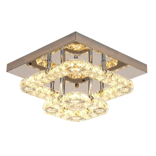 Image of Crystal Cube LED Chandelier Ceiling Light | Modern Luxury Crystal Flush Mount LED Lamp for Living Room, Bedroom, Hallway, Dining Room & Home Decor- 27x27 cm