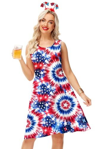 Image of Deerose 4th of July Dress for Women Sleeveless American Flag Patriotic Elastic High Waist Sundress