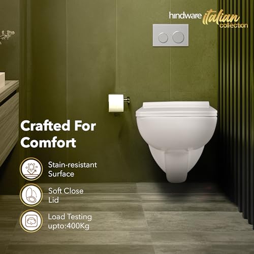 Image of Hindware Italian Collection Enigma Slim Wall Hung Western Commode for Bathroom | Made of Ceramic | P-230 Trap | Star Rated Water Saving | Soft Close | Star White | Geometric Shape | 10-Year Warranty
