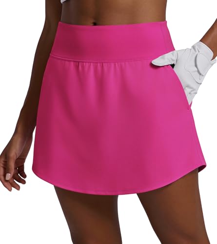 PINSPARK Womens Tennis Skirt Quick Dry Golf Skirts Curved Hem Athletic Skort High Waisted Pickleball Skorts with 4 Pockets Hot Pink L