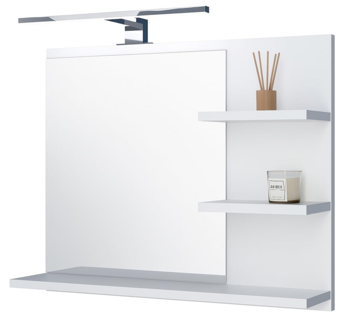 Badspiegel mit 3 Ablagen Badezimmerspiegel Spiegel Regal Wandspiegel Hängespiegel Badmöbel Spiegel Flurspiegel für Schlafzimmer für Badezimmer Weiß 60X50 LED Lampe - Recht