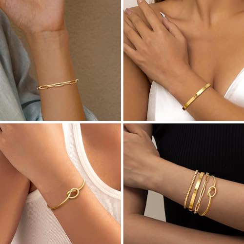 Dochais 4 Pcs Armband Damen Gold, Ketten Armbänder Für Damen, Vergoldet 18k, Verstellbares Gold, Twist Büroklammer Goldperlen – Bild 4