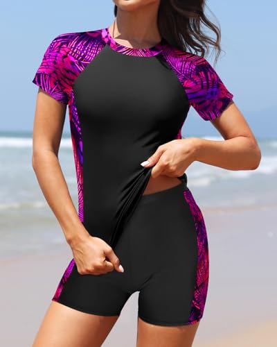 Image of Daci Short Sleeve Rash Guard 2 Piece Swimsuits with Bord Shorts | Sun Protection,Two Pockets,Clolor Block,High Waisted Short,High Neck,Quick Dry