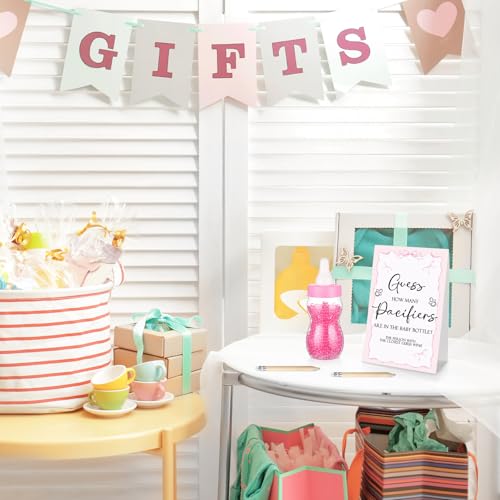 Image of Roowest 512 Pcs Baby Shower Games Guess How Many Pacifiers Sign 100 Small Guessing Games 10 HB Pencils 750ml Milk Bottle 400 Acrylic Pacifiers Decoration for Guest Gender Reveal(Pink,Bow)