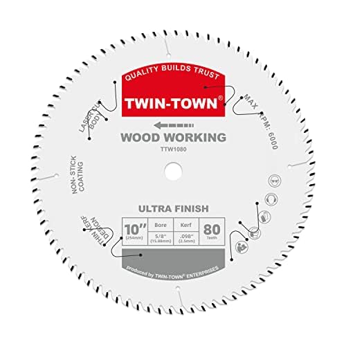 TWIN-TOWN Hoja de sierra circular de 10 pulgadas con 80 dientes ATB para acabado fino en corte de madera, árbol de 58 pulgadas, compatible con