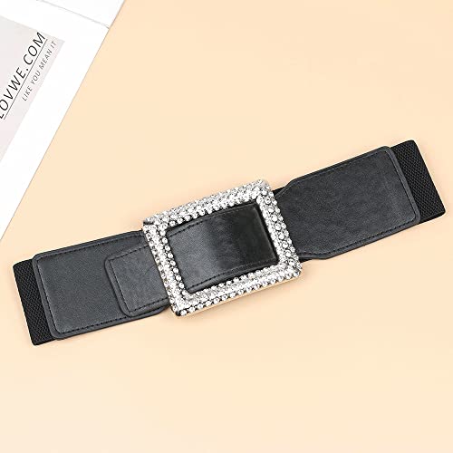 Women's Elastic Wide Waist Belt Stretchy Retro Cinch Belts Fashion Waistband with Rhinestone Buckle for Dresses Coat -Black4