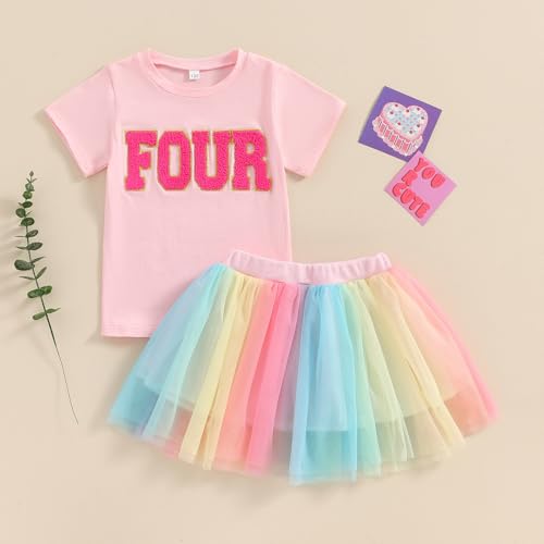 Image of Toddler Girl Birthday Outfit 2 /3 /4 /5 /6 Print Short Sleeve Shirt 2nd /3rd /4th /5th /6th Tutu Skirt Summer Clothes
