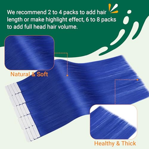 Image of Easyouth Blue Tape in Hair Extensions Human Hair Colorful Tape ins Hair Extensions Blue for Party Colored Tapes in Human Hair Extension Quick Application 16 Inch 50g 20pcs