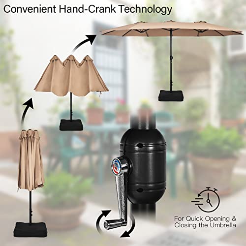 Image of Tangkula 15FT Double-Sided Patio Umbrella with Base, Extra-Large Market Umbrella W /Crank System, Outdoor Twin Umbrella W / 12-Rib Metal Structure & Air Vents for Garden, Backyard, Poolside (Tan)