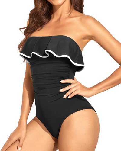 Holipick Black with White Strapless One Piece Swimsuits for Women Tummy Control Bandeau Bathing Suits Ruffle Slimming Swimwear L