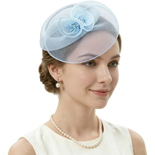Image of DRESHOW Fascinator Hats for Women Cocktail Tea Party Hat Netted Pillbox Hat Vintage Derby Hats for Bridal Wedding