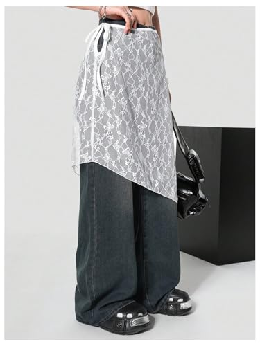 Verdusa Women's Floral Lace Sheer Skirt Tie Knot Asymmetrical Knee Length Skirts4