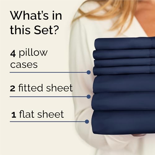 Image of Split King 7 Piece Bed Sheet Set - Comfy, Breathable & Cooling - Navy Blue | Ultra-Soft Hotel Luxury Bedding Set w / 8-16 Inch Deep Pockets, 1 Flat & 2 Fitted Sheet & 4 Pillowcases, Wrinkle & Fade Free