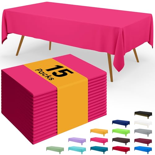 Image of Smiry Disposable Table Cloth - 15 Pack, 54 x 108 Inch Waterproof Rectangle Tablecloths for Parties, Decorative Plastic Table Cover, Leakproof & Sturdy, Hot Pink