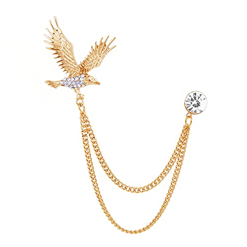Image of Vintage Hawk Chain Brooch Pin,Animal Eagle Bird Long Chain Tassel Suit Lapel Pin Rhinestone Hawk Badge Pin Jewelry for Men Women