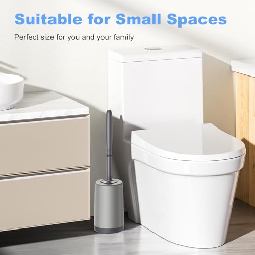 Image of HAMITOR Toilet Bowl Brush Holder Set: Curved Design with Holder for Deep Cleaning Under Rim - Compact Hidden Cleaner Scrubber for Small Space - Home RV Bathroom Accessories - Gray 2 Pack