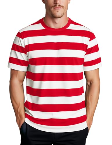 Red and White Striped Shirt Men Short Sleeve Crewneck(Red White,L)