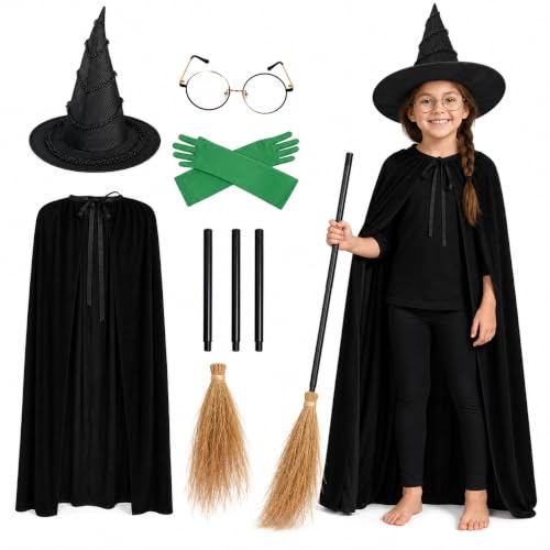 UQJE 6 Pcs Girls Green Witch Costume Set with Hat Cape Gloves Glasses and Broom for Halloween Dress Up Party