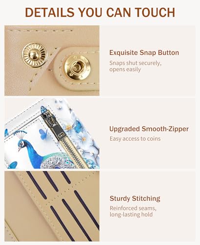 Image of Immaturus Womens Wallet, Slim Thin RFID Blocking Card Wallets, Peacock Bifold PU Leather Credit Card Holder Organizer, Cute Cash Clutch Long Billfold with Zipper Coin Pocket Ladies Girls Gift