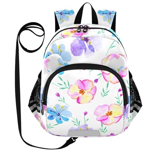 Watercolor Flower Blossom White Toddler Harness Backpack for Boys Girls 3-6 Years Kids Backpack with Anti Lost Safety Leash Baby Travel Bag for Travel Preschool Walking