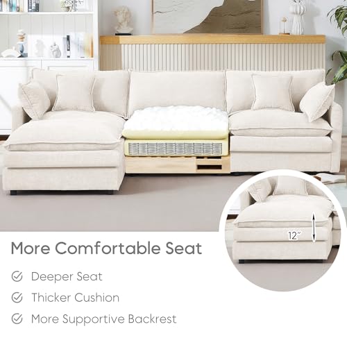 Image of 102 inch L Shaped Modular Sectional Sofa, Comfy Upholstery Chenille Cloud Couch with Ottoman, Modern 4-Seat Deep Seat Sofa with Pillow for Living Room, Apartment, Beige White