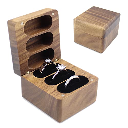 DSHOM Rustic Wooden Engagement Wedding Ring Box, Acacia Solid Wood Square Box for Ring Storage 3 Soft Velvet Slots for Wedding Ceremony Women Mens Ring Bearer Box