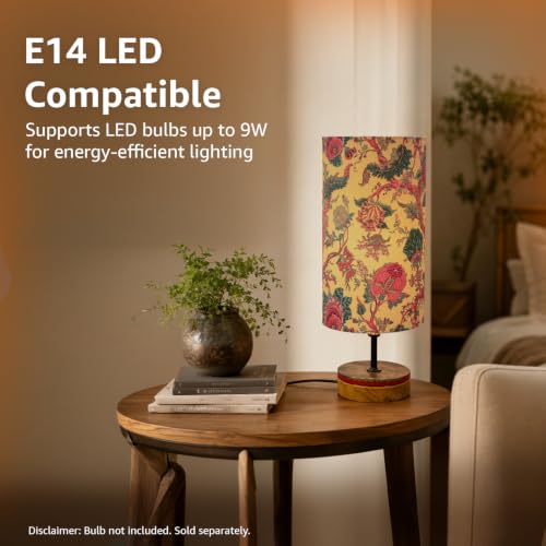 Image of Amazon Basics Bagru Marigold Table Lamp | Hand-Painted Mango Wood Base with Printed Polyester Shade | E14 Holder | Decorative Night Lamp for Bedroom, Living Room & Study Room | Home Decor Gift