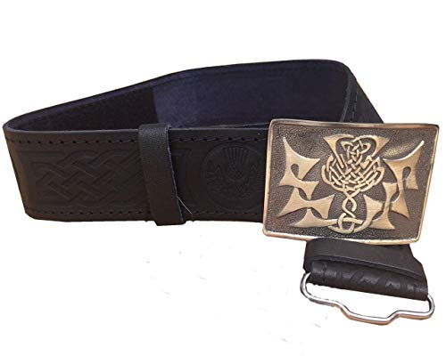 AAR Black Leather Thistle Design Scottish Highland Kilt Belt With