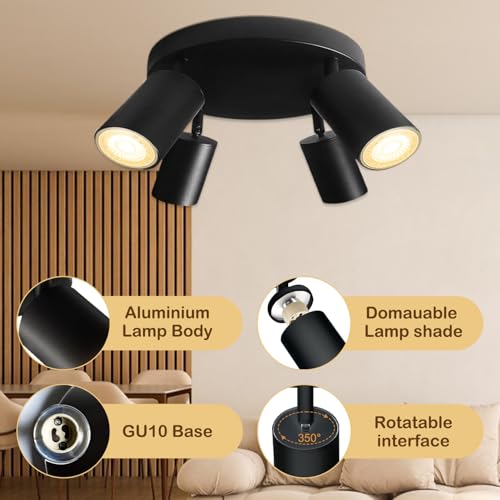 Image of Wiseworld 4 Light Track Lighting Fixtures for Ceiling LED Black Spot Lights Indoor Round Chassis GU10 Base Lamp Rotatable Modern Ceiling Spotlight for Bedroom Kitchen Hallway (Bulb Not Included)