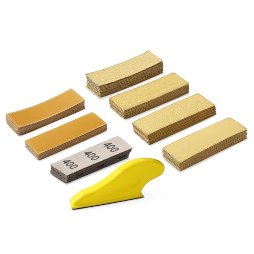 Micro Sander Kit, Sand Paper Sheets 80Pcs, Hook & Loop Sandpaper Assortment 60 to 600 Grit 3.5”x 1”Small Hand Sanding Block Finger Detail Sander Tool for Wood Furniture Crafts Metal Sanding Polishing