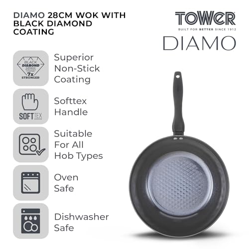 Tower T900134 Diamo Wok with Black Diamond Ceramic Non-Stick Coating and Softtex Handle, Aluminium, 28cm, Black - Image 2
