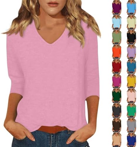 3/4 Length Sleeve Womens Tops V Neck Loose Fit Plain T Shirts Tunic Cute Pullover Basic Tees Casual Blouses