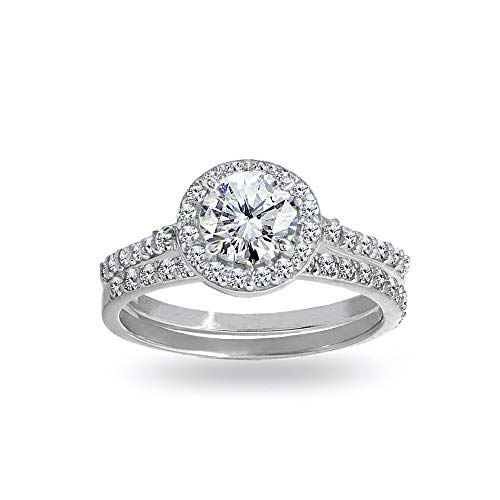 Sterling Silver Cubic Zirconia Round Halo Bridal Wedding Band Engagement Ring Set, Size 8