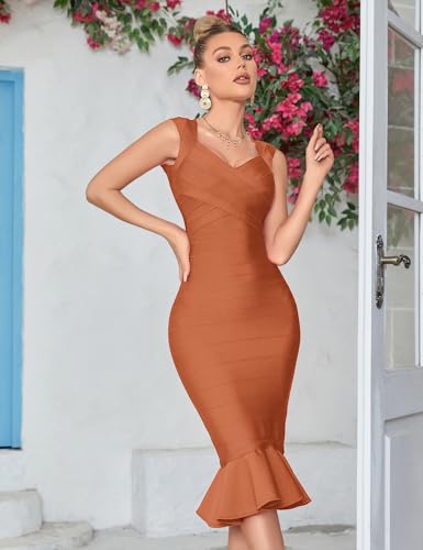 Image of Shoulder Strap Sleeveless Fishtail Midi Bandage Dress for Women Bodycon Club Party Evening Dresses