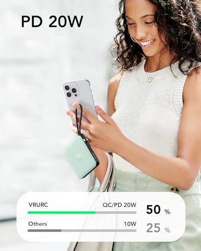 VRURC Powerbank 20000mAh Power Bank mit Kabel Klein USB C 22.5W QC3.0 Schnelles Aufladen Tragbares Ladegerät Externe Handyakkus Klein Aber Stark mit LED-Anzeige für iPhone Huawei Smartphones (Grün) 3