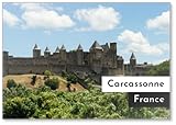 Design exclusif Carcassonne Hillltop Château de Citadelle médiévale avec tours de guet et fortification Vue panoramique, destination touristique populaire, France, aimant de réfrigérateur