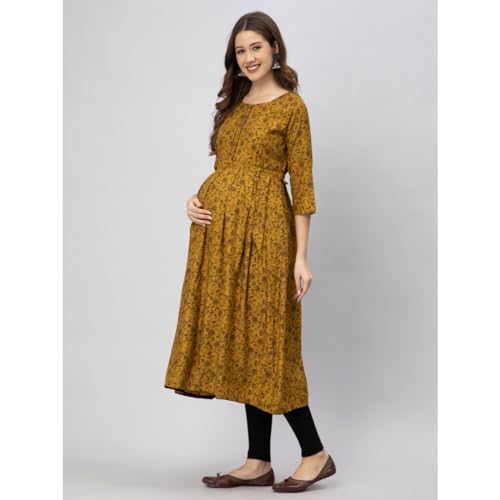 Image of CEE 18 Cotton Rayon A-Line Flared Maternity Feeding Kurti for Women with Zippers | Maxi Gown Dress for Women | Breastfeeding Dress for Mothers | Feeding Kurti for Women | Maternity Wear for Women