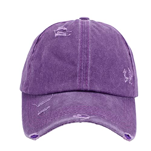 Criss Cross Ponytail Hat Washed Distressed Baseball Cap Adjustable High Messy Bun Ponycap For Women Purple #TOP6