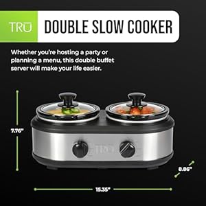 TRU Double Slow Cooker by Select Brands - Double Buffet Server for Parties, Holidays & Gatherings - Double Slow Cooker Buffet Server - 2 Inserts, Each 1 1/4 Quarts TRU Double Slow Cooker by Select Brands Double Buffet Server for Parties Holidays Gatherings Double Slow Cooker Buffet Server 2 Inserts Each 1 14 Quarts