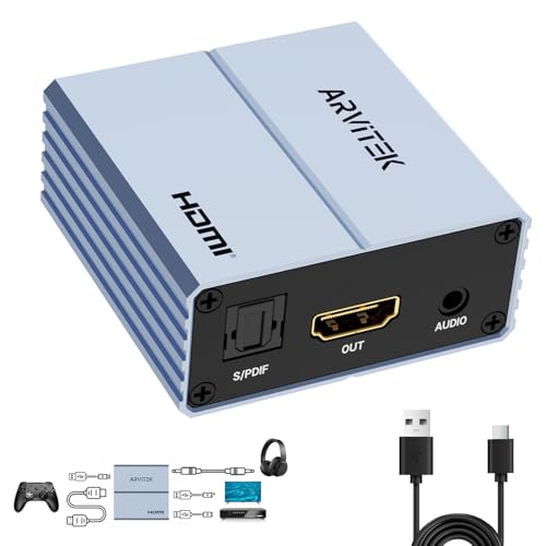 Arvitek HDMI Audio Extractor 4K@30Hz, HDMI to Optical 5.1 S/PDIF & 3.5mm AUX Audio Adapter, 192KHz Audio Converter for Blu-Ray Player, TV Box, Soundbar, Amplifier, Headphone, Support PCM Dolby