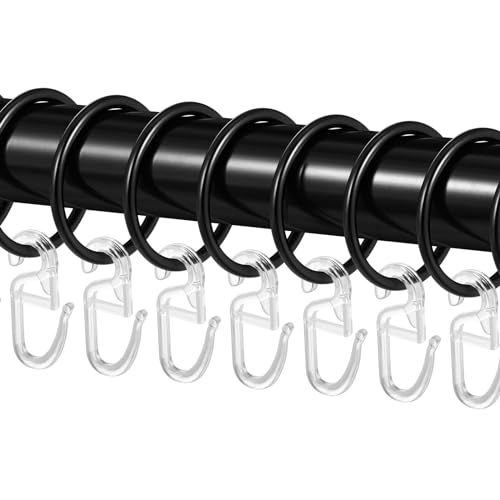 50 Stück Metall Gardinenringe, Schwarz Vorhangringe Duschvorhangringe Curtain Ringe mit 50 Stück Kunststoff Gardinenhaken für Fenster Tür Duschvorhänge, 32 mm Innendurchmesser - Schwarz