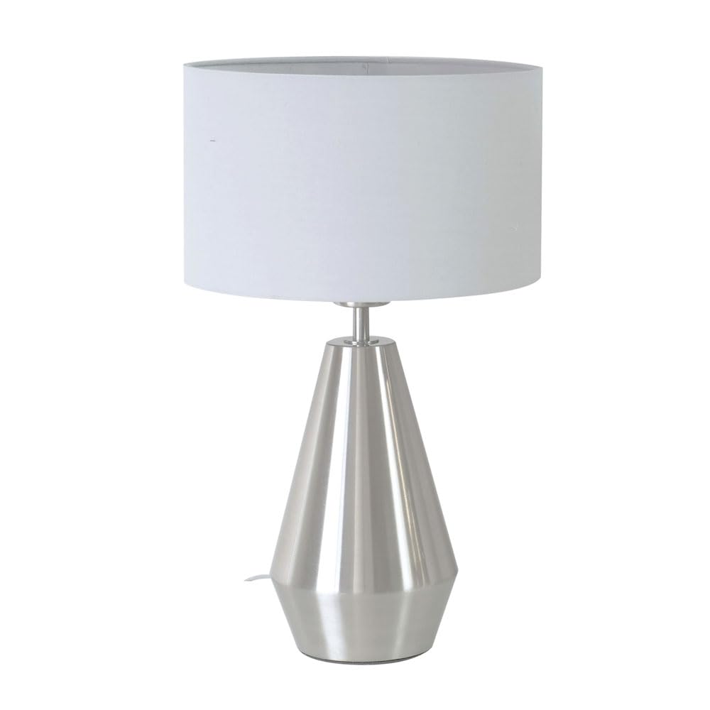 Jax Brushed Chrome Dimmable Touch Table Lamp - Fabric Drum Shade - Grey