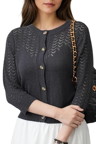Image of Women's Lightweight Crochet Cardigan Sweater Open Front Knit Lace-Up Cover Up Casual Spring Fall Chic Outerwear Tops 23 Black S