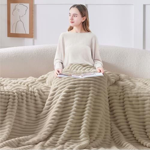 Image of BEDELITE Ribbe Blankets Queen Size for Bed, Linen, 90 inchx90 inch | Ultra-Soft Plush Fleece, Warm Yet Lightweight, Ribbed Texture, Home Decor, Machine Washable, Giftable, All-Season Use
