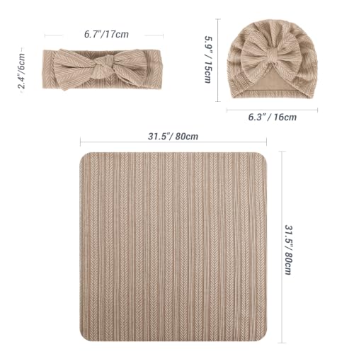 Image of AQOKKA Baby Swaddle Blankets with Bow Hat Headband Set Wheat-Pattern Infant Receiving Blankets Swaddles for Newborns Unisex Toddler Swaddle Wrap Sets for Baby Girls Boys Nursery Warm Shower Gift