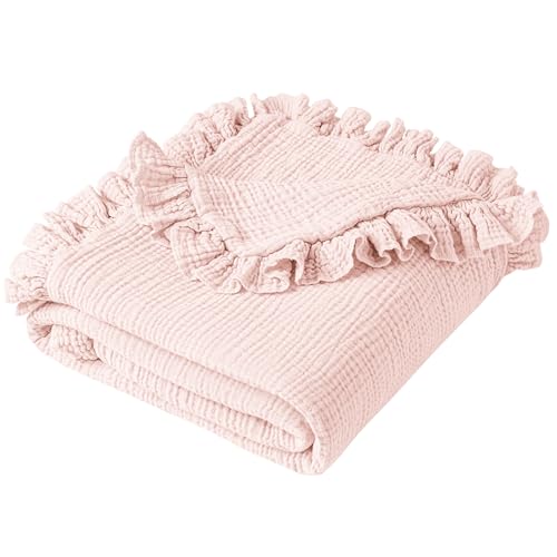Image of Konssy Flounce Muslin Baby Blanket for Girls Boys, 100% Cotton Soft Crib Swaddle Blankets, Reversible & Breathable Nursery Bedding for Newborns Toddlers, 40 x 36 Inches (Baby Pink)