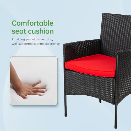 Image of PayLessHere Outdoor Furniture Set 4Pc Modular Patio Furniture Set Water Resistant Conversation Set with 3 Rattan Chairs 1 Tempered Glass Topped Table Seat Cushions for Patio Balcony Poolside, Red