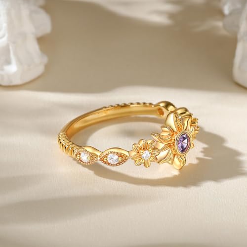 Jeulia Promise Ring for Women: Sterling Silver & Gold Plated Sunflower Ring with Purple Gemstone, Princess Valentine Wedding Gift 5