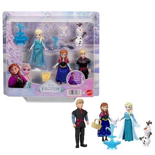 Mattel Disney Frozen Jouets Disney La Reine des Neiges, Coffret de 4 Petites poupées à l’effigie d’Anna, Elsa, Kristoff et Olaf, Une Fontaine et 3...
